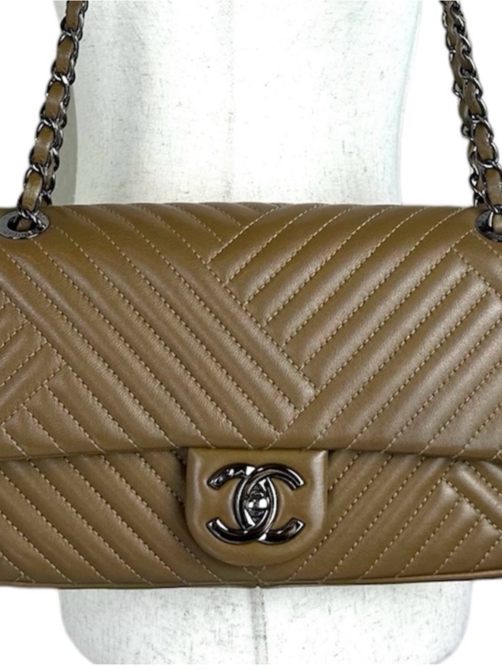 CHANEL Quilted Chevron Shoulder Bag in Dark Camel Brown